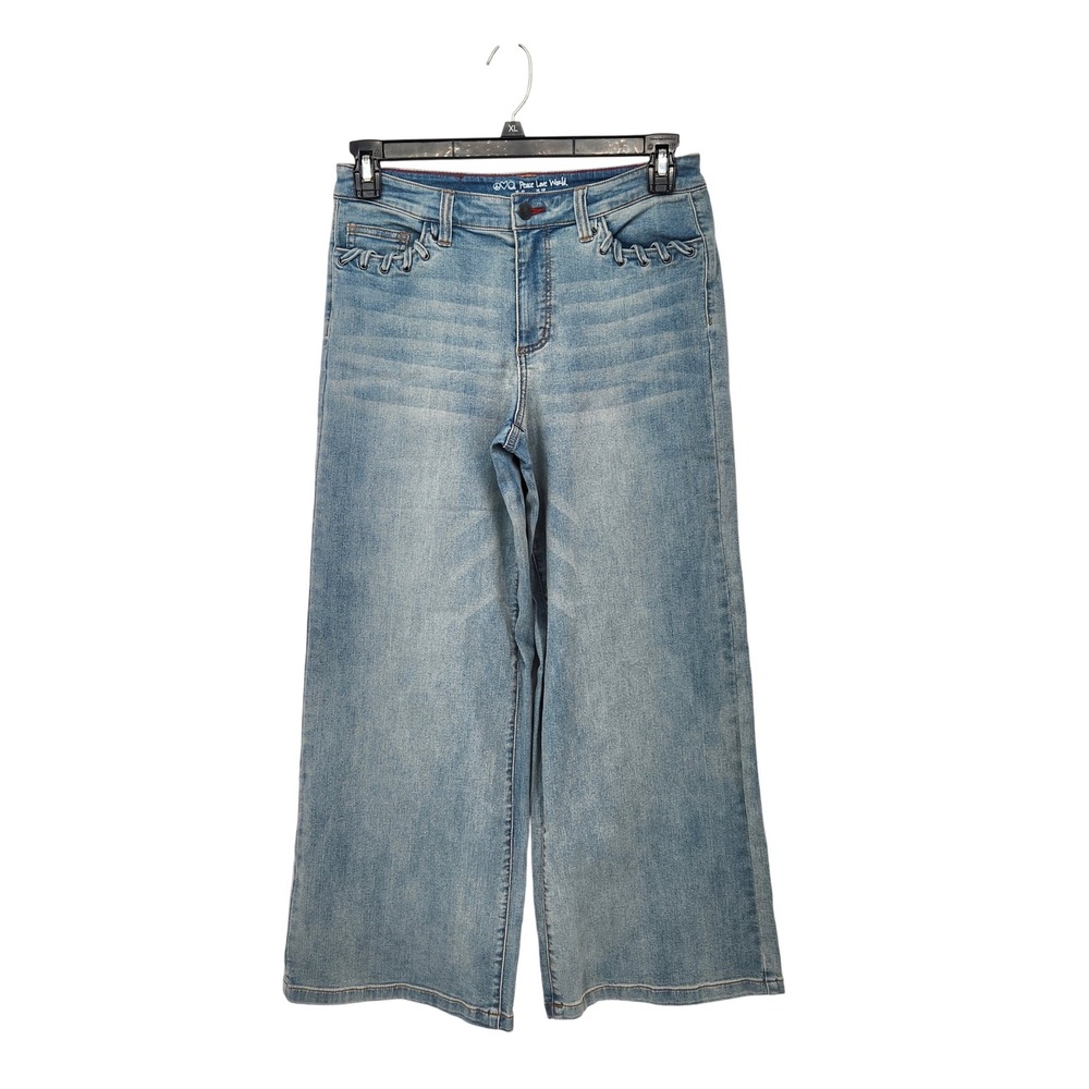 Peace Love World Women 6P Light Wash Wide Leg Grommet Laced Stretch Denim Jeans
